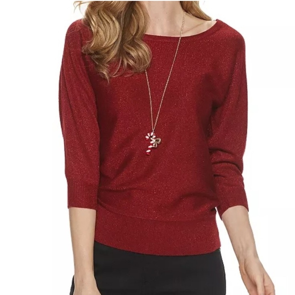 Croft & Barrow Women's Red Metallic Top Lurex Holiday Blouse